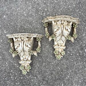 Vintage Pair of Shabby Chic French Floral Barbola Ivory Pale Green Wall Shelves